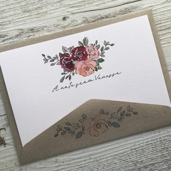 ROSY BOUQUET Personalised Flat Notecards Set Of 10