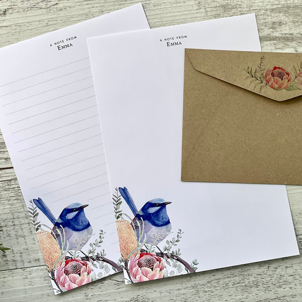 Superb BLUE FAIRY WREN Personalised Writing Paper Set of 20