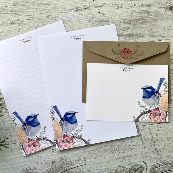 Superb BLUE FAIRY WREN Personalised Writing Paper Set of 20