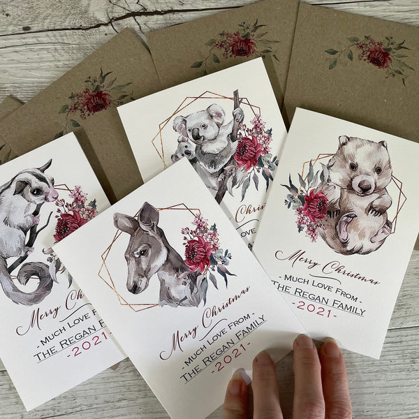 AUSTRALIAN ANIMAL Personalised Christmas Cards - 4 assorted Aussie Animals