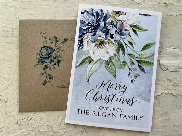 BLUE & WHITE FLORAL Personalised Christmas Cards