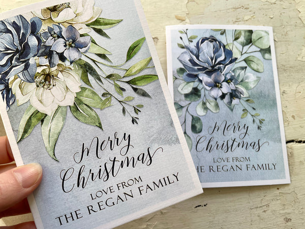 BLUE & WHITE FLORAL Personalised Christmas Cards