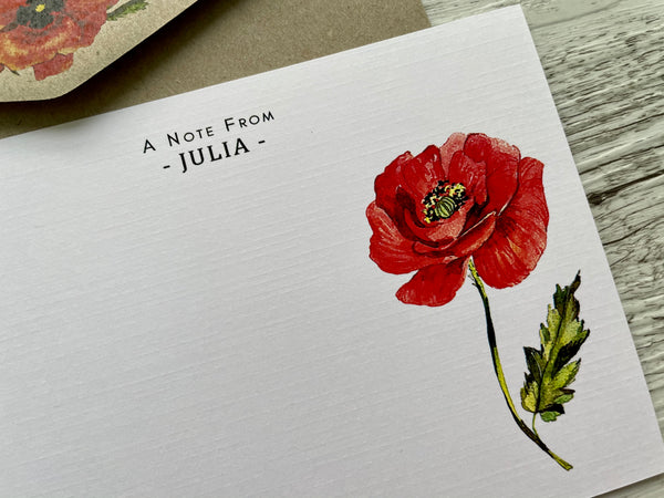 RED POPPY Personalised Flat Notecards Set Of 10