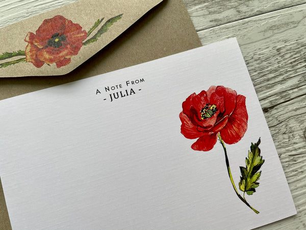 RED POPPY Personalised Flat Notecards Set Of 10