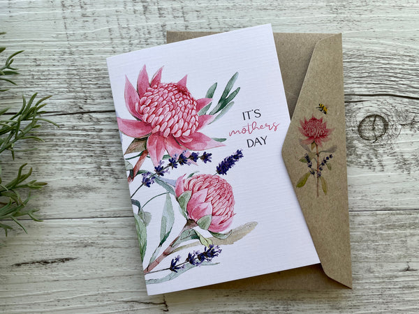 AUSTRALIAN WARATAH Mother's Day Card - Happy Anniversary - 5 sentiment choices - Thinking Of You - It's Mother's Day - Happy Mother's Day - Blank