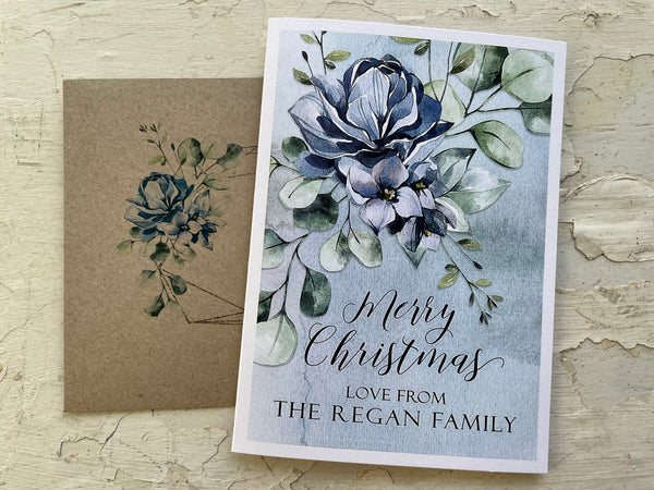 BLUE & WHITE FLORAL Personalised Christmas Cards