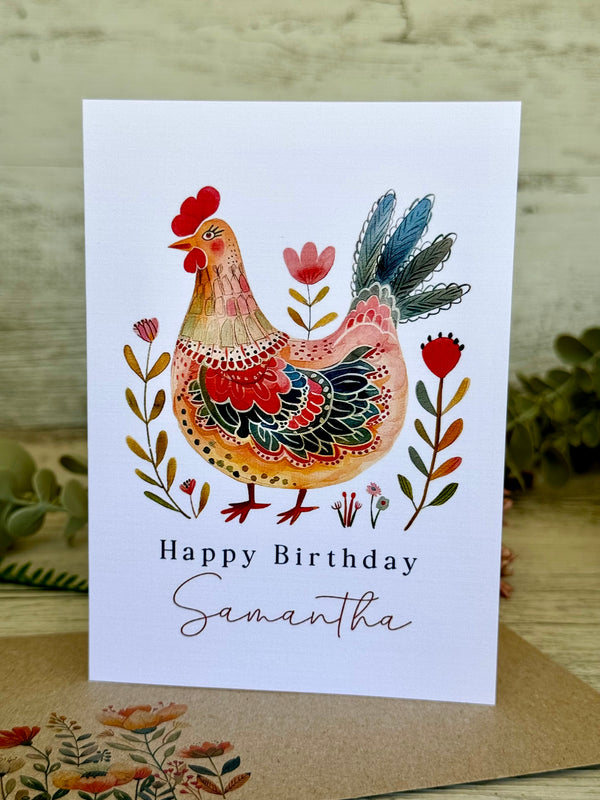 FOLK ART CHICKENS Personalised Birthday Card