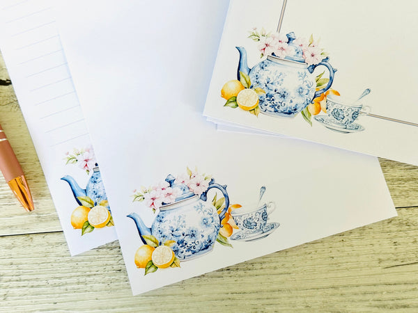 Blue & White Teapot Personalised Writing Paper Set