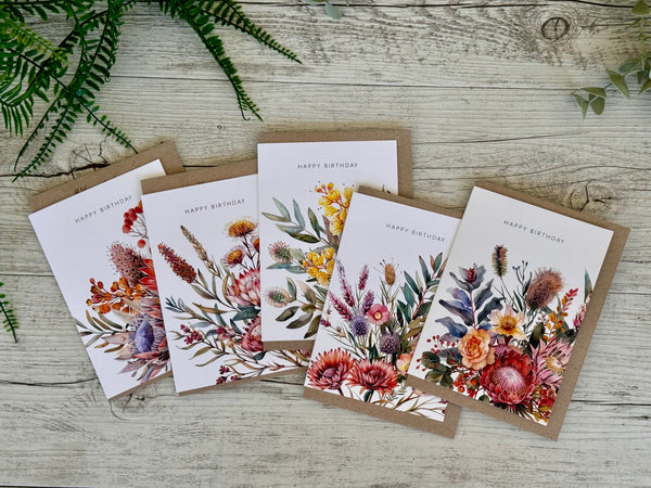 AUSTRALIAN FLORALS Card Set - Birthday - Thank You - Thinking of You - With Love - With Sympathy - Merry Christmas - Congratulations