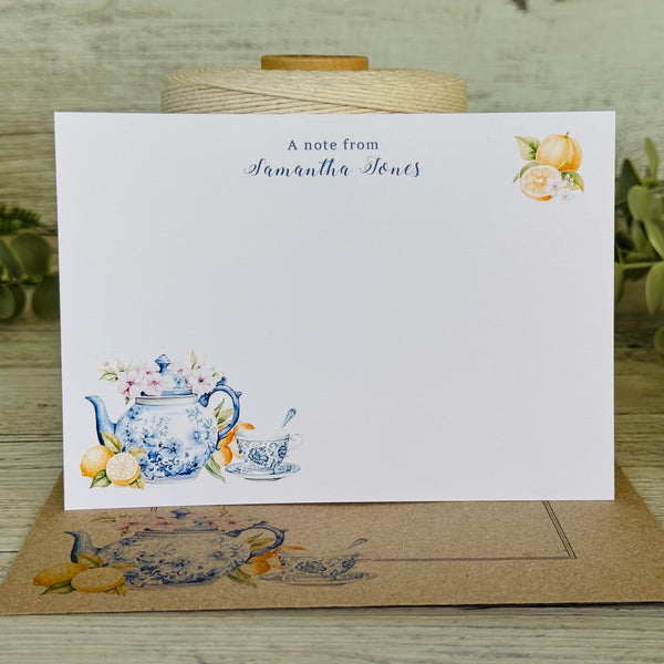 Blue & White Teapot Personalised Flat Notecards Set Of 10