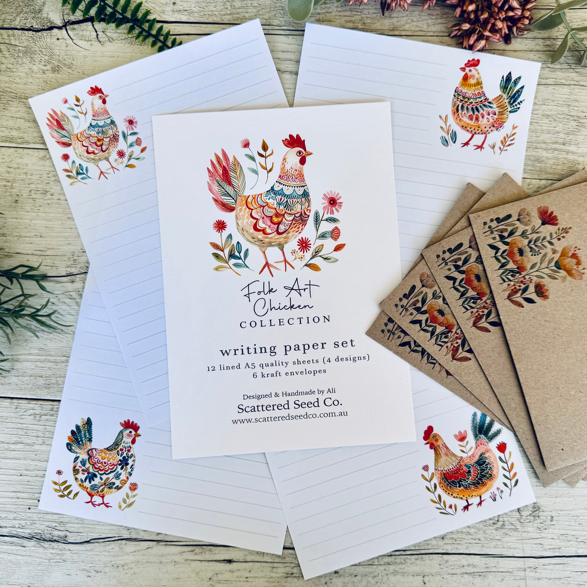 FOLK ART CHICKEN Writing Paper Set (Non-Personalised) – Scattered Seed Co