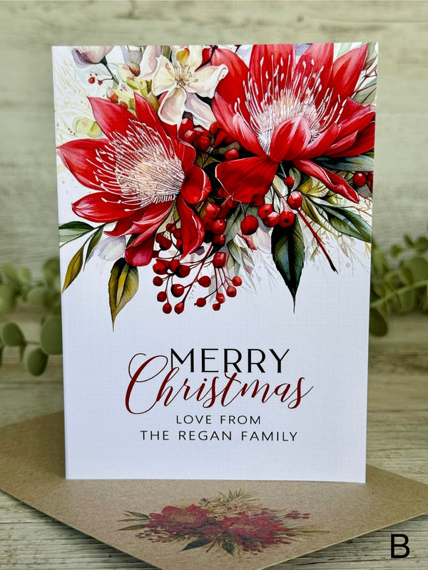 AUSTRALIAN Red FLORAL Personalised Christmas Cards - 4 assorted designs