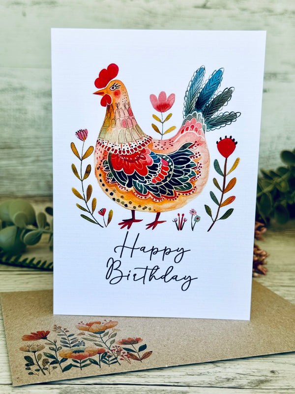 FOLK ART CHICKEN Cards set of 4 - Congratulations, Thank You, Happy Birthday, thinking of you