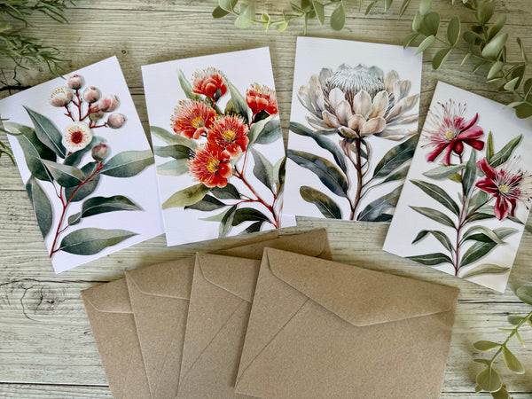 AUSTRALIAN FLORALS Single Stems Blank cards set of 4 - Set C