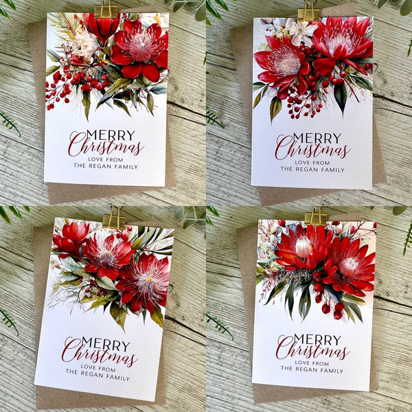 AUSTRALIAN Red FLORAL Personalised Christmas Cards - 4 assorted designs