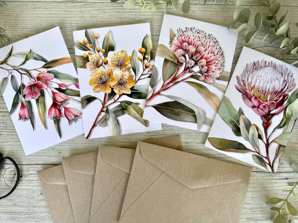 AUSTRALIAN FLORALS Single Stems Blank cards set of 4 - Set B