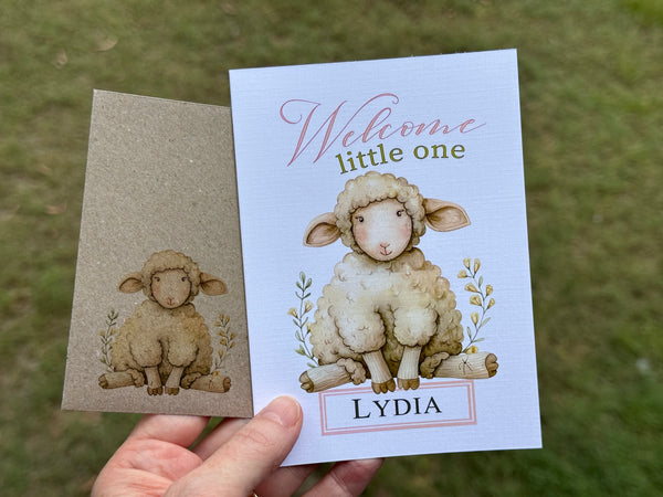 New Baby Girl Personalised Card - Baby Lamb