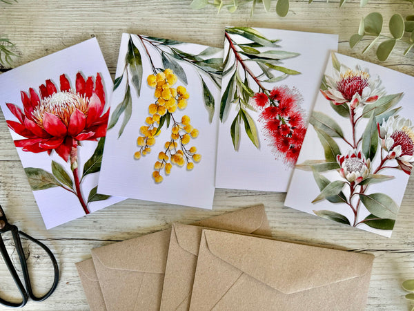 AUSTRALIAN FLORALS Single Stems Blank cards set of 4 - Set A