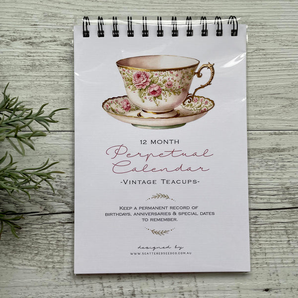 Vintage Teacups Perpetual Calendar - Birthday Record book