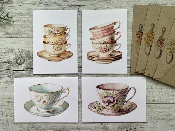 NEW! Pastels Vintage Teacup Collection cards set of 4 - Set C Pastels