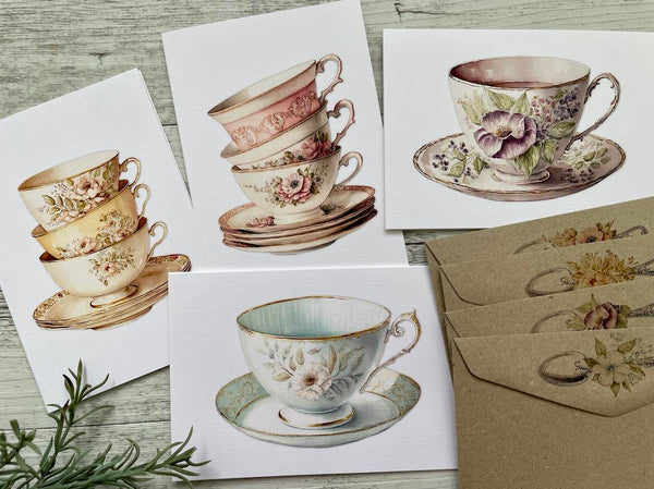 NEW! Pastels Vintage Teacup Collection cards set of 4 - Set C Pastels