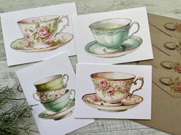 NEW! Rose Mint Vintage Teacup Collection cards set of 4 - Set B Rose Mint