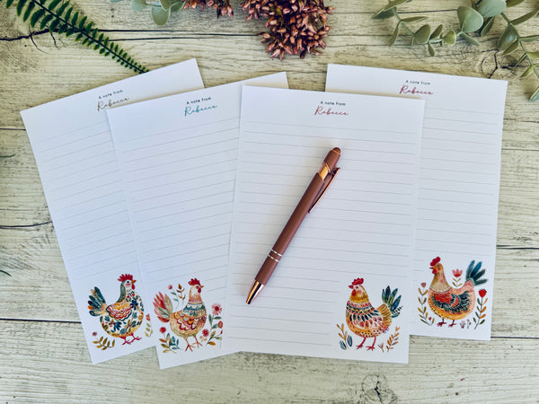 FOLK ART CHICKENS Personalised Writing Paper Set of 20