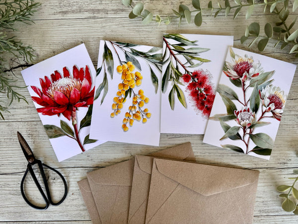 AUSTRALIAN FLORALS Single Stems Blank cards set of 4 - Set A