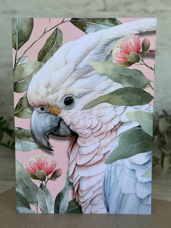 Australian Pink Cockatoo on Native Florals greeting card