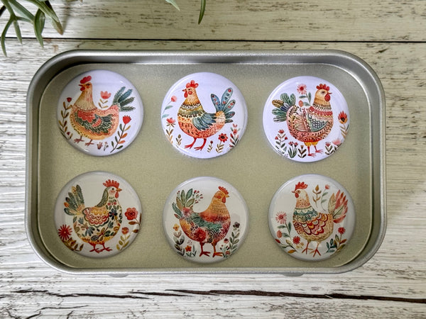 FOLK ART CHICKENS Needle Minders or Magnets set of 6