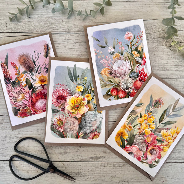 AUSTRALIAN FLORALS with borders Blank cards set of 4