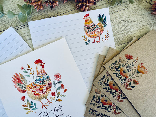 FOLK ART CHICKEN Writing Paper Set (Non-Personalised)