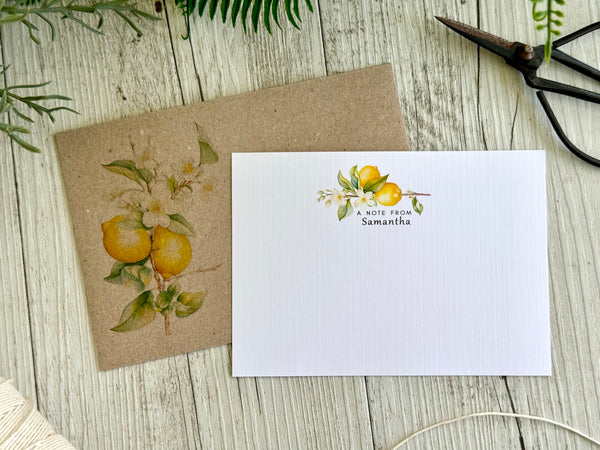 LEMON branch Personalised Flat Notecards Set Of 10