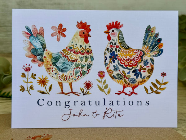 Congratulations Card FOLK ART CHICKEN - Personalised chicken rooster congrats card