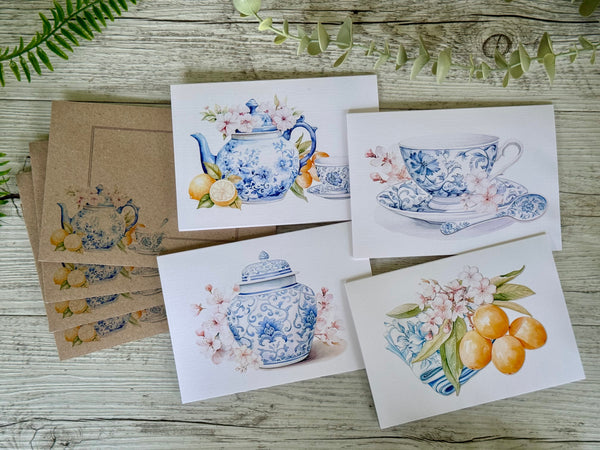 Blue & White Tea set cards set of 4