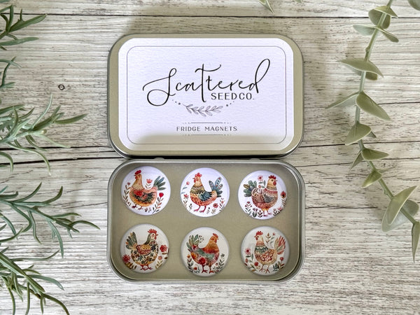 FOLK ART CHICKENS Needle Minders or Magnets set of 6