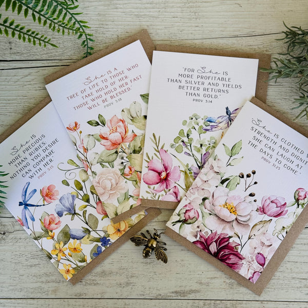 SHE SCRIPTURE cards set of 4 - Christian Cards for women Proverbs 31 woman