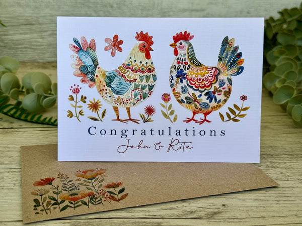 Congratulations Card FOLK ART CHICKEN - Personalised chicken rooster congrats card