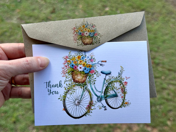 Floral bicycles Thank You Card set of 4 double sided design