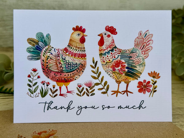 FOLK ART CHICKEN Cards set of 4 - Congratulations, Thank You, Happy Birthday, thinking of you