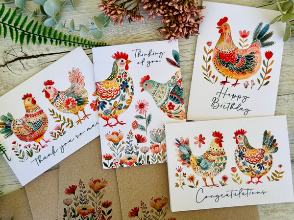 FOLK ART CHICKEN Cards set of 4 - Congratulations, Thank You, Happy Birthday, thinking of you