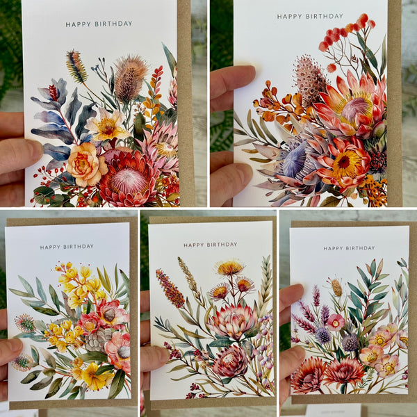 AUSTRALIAN FLORALS Card Set - Birthday - Thank You - Thinking of You - With Love - With Sympathy - Merry Christmas - Congratulations