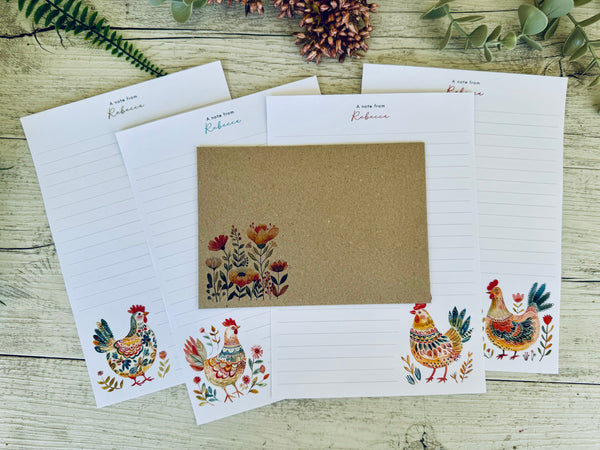 FOLK ART CHICKENS Personalised Writing Paper Set of 20