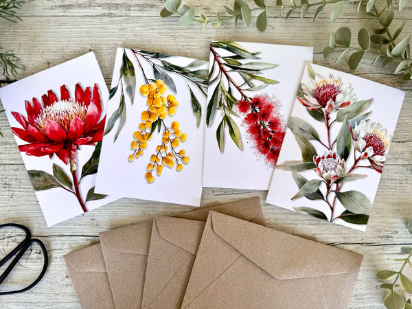 AUSTRALIAN FLORALS Single Stems Blank cards set of 4 - Set A