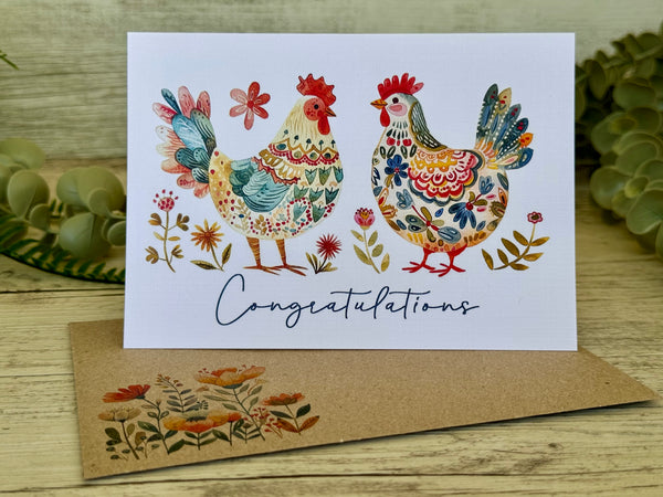 FOLK ART CHICKEN Cards set of 4 - Congratulations, Thank You, Happy Birthday, thinking of you