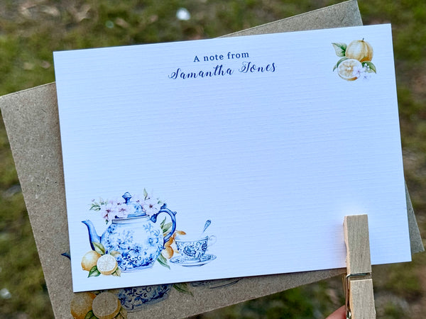 Blue & White Teapot Personalised Flat Notecards Set Of 10