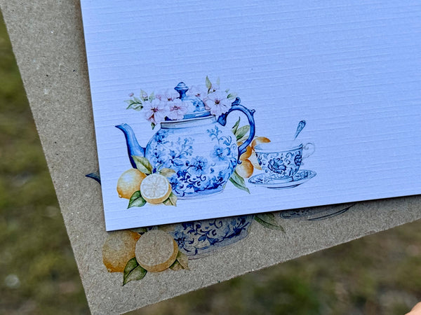 Blue & White Teapot Personalised Flat Notecards Set Of 10