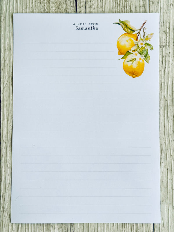 HANGING LEMONS Personalised Writing Paper Set of 20