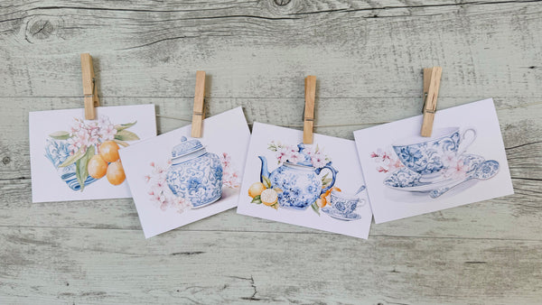 Blue & White Tea set cards set of 4