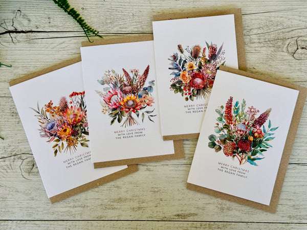 AUSTRALIAN FLORAL Personalised Christmas Cards - 4 assorted designs